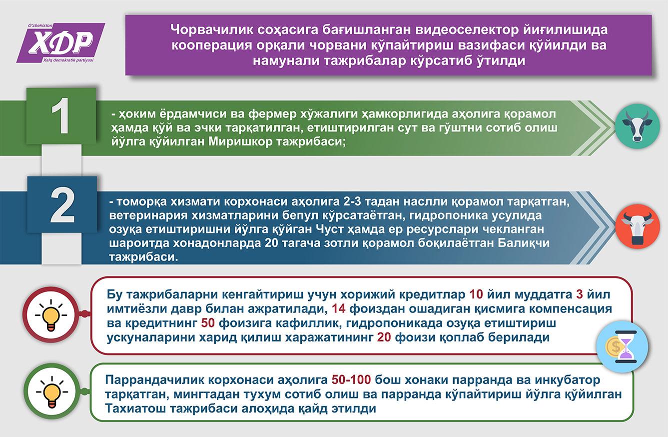 Чорвачилик соҳасига бағишланган видеоселектор йиғилишида кооперация орқали чорвани кўпайтириш вазифаси қўйилди ва намунали тажрибалар кўрсатиб ўтилди