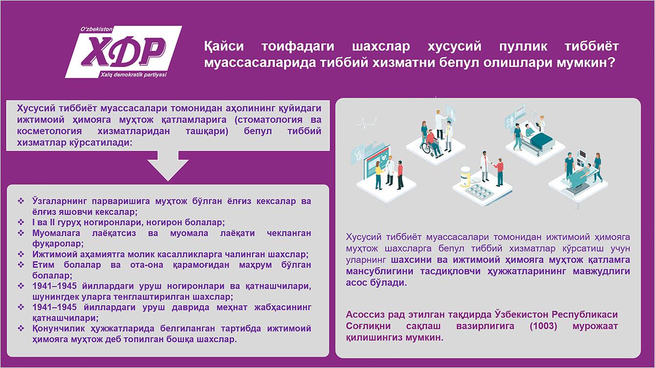 Қайси тоифадаги шахслар хусусий пуллик тиббиёт муассасаларида тиббий хизматни бепул олишлари мумкин?