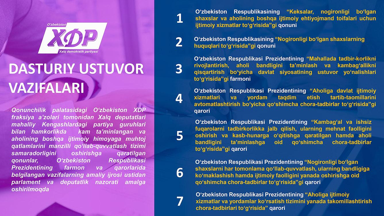 Infografika: O‘zbekiston Xalq demokratik partiyasining DASTURIY USTUVOR VAZIFALARI