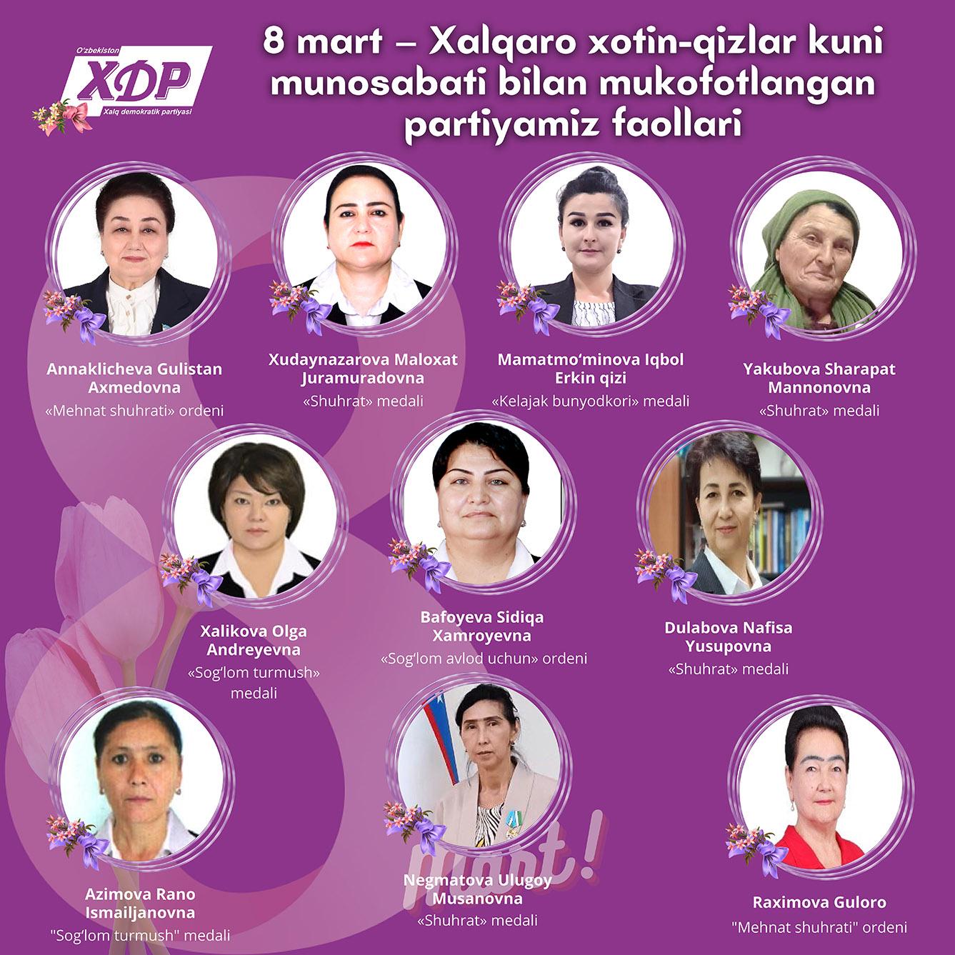 8 mart – Xalqaro xotin-qizlar kuni munosabati bilan mukofotlangan partiyamiz faollari