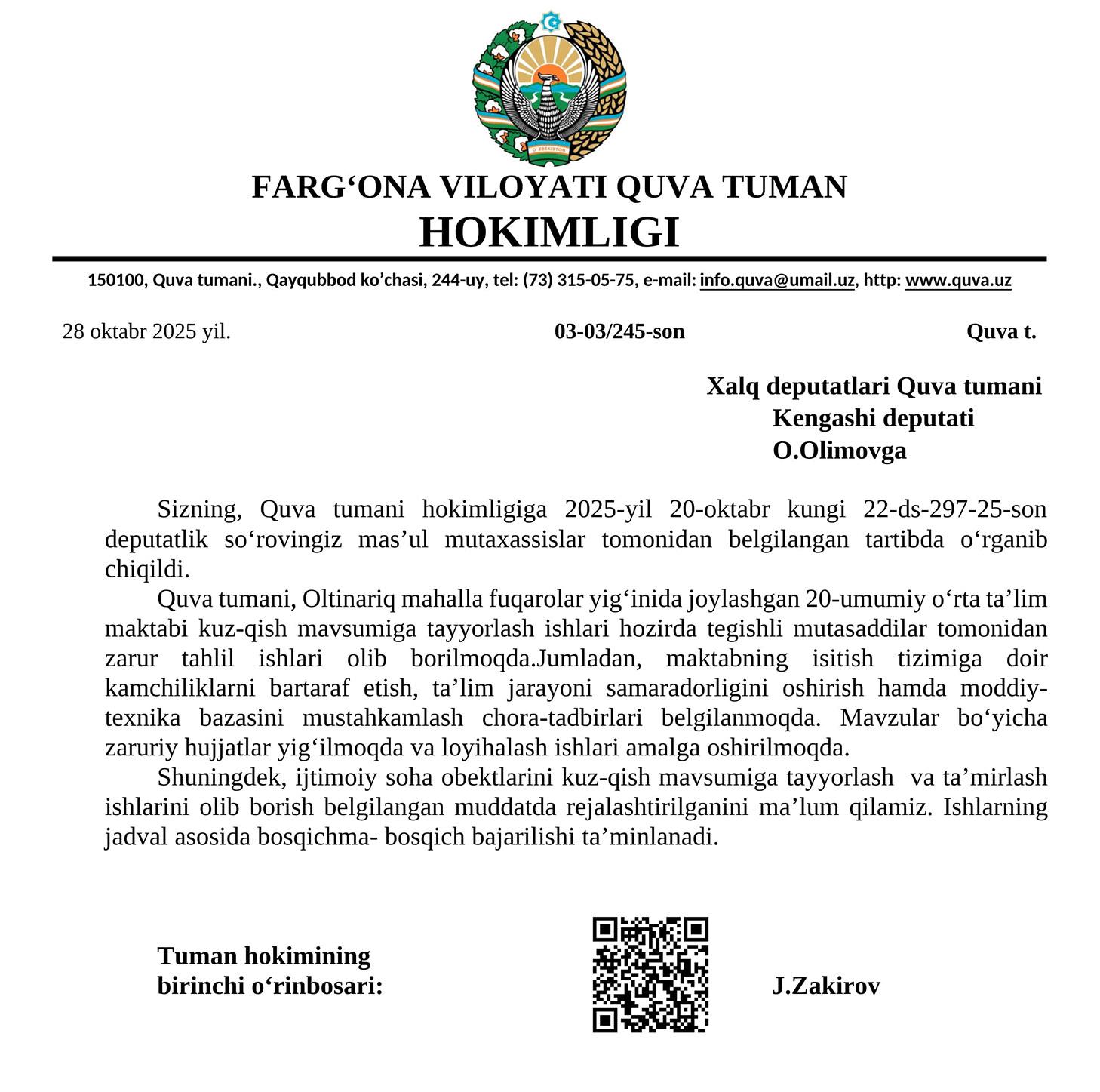 Deputat so‘rovi bilan maktabning muammolariga yechim topilmoqda