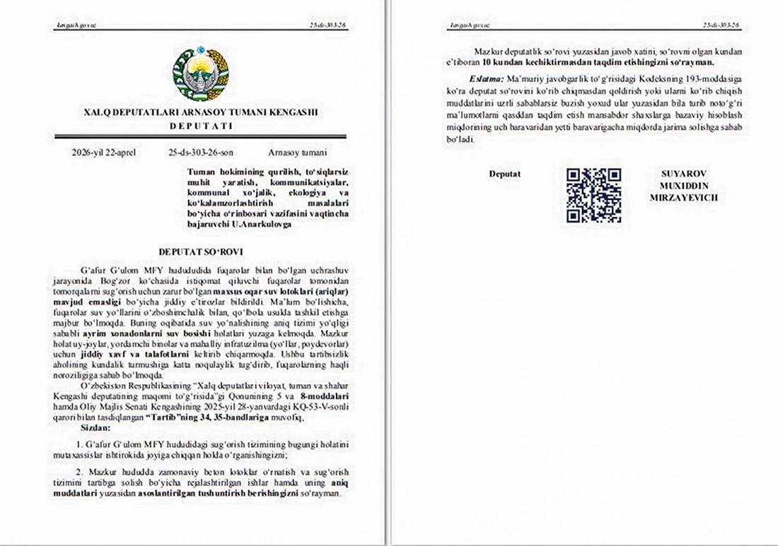 Фаровон турмуш сари навбатдаги депутатлик сўрови юборилди