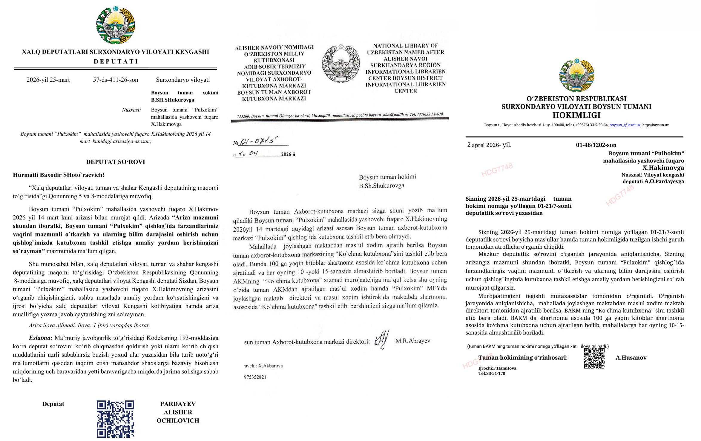 Deputat so‘rovi natijasida Pulhokimda ko‘chma kutubxona tashkil etiladi